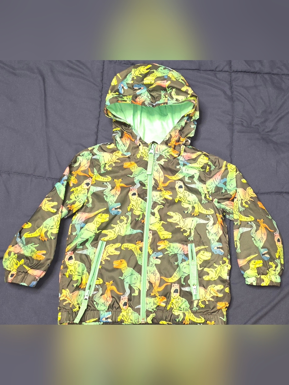 Cat & Jack 2T Mint Hooded Jacket with Neon Multi Dinosaur Print